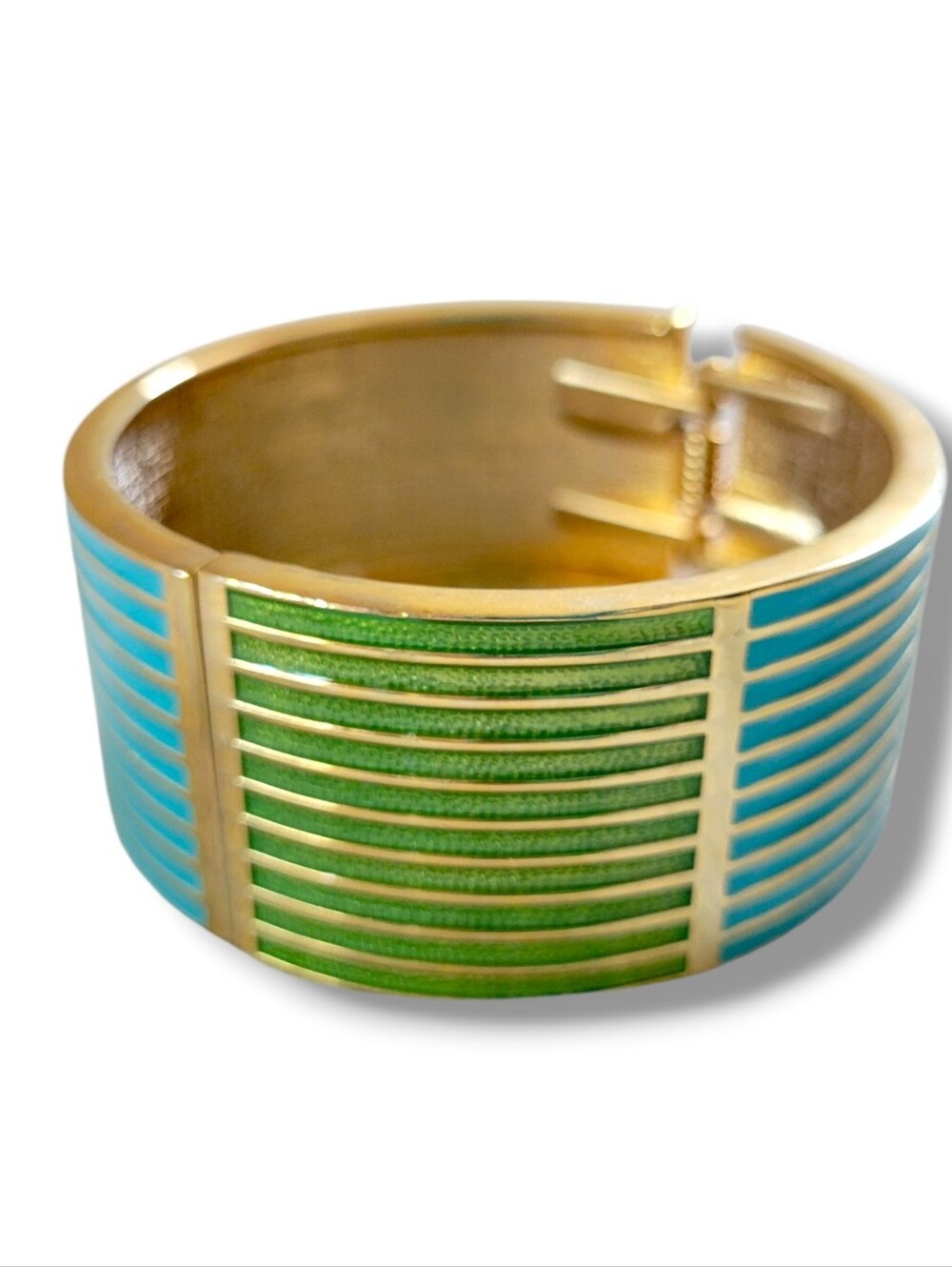 VTG Chunky Gold Tone Blue/Green Color Block Enamel Stripe Hinged Bracelet